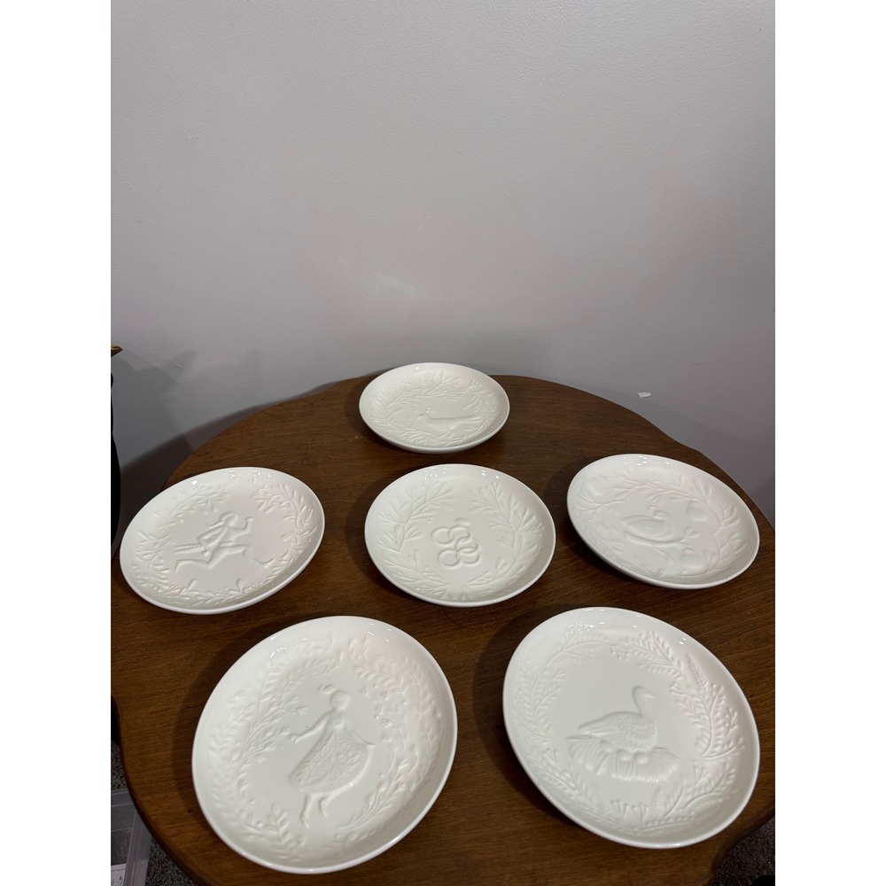 West Elm 12 Days of Christmas White Ceramic Dessert Appetizer Plates Embossed